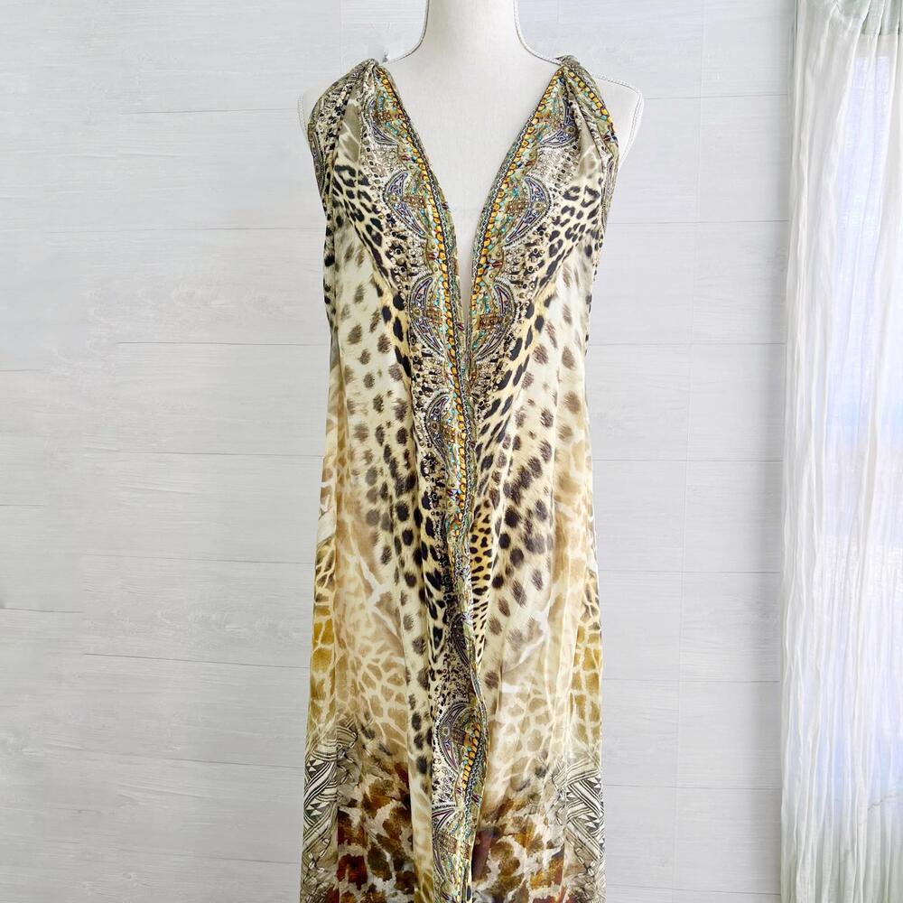 Camilla - Animal print silk embellished maxi halter dress, L - Picture 5 of 15